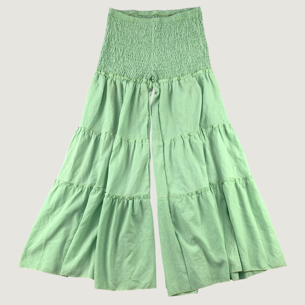 Smocked Tiered Wide Leg Pants Womens M Green Boho Ruffle Palazzo Festival